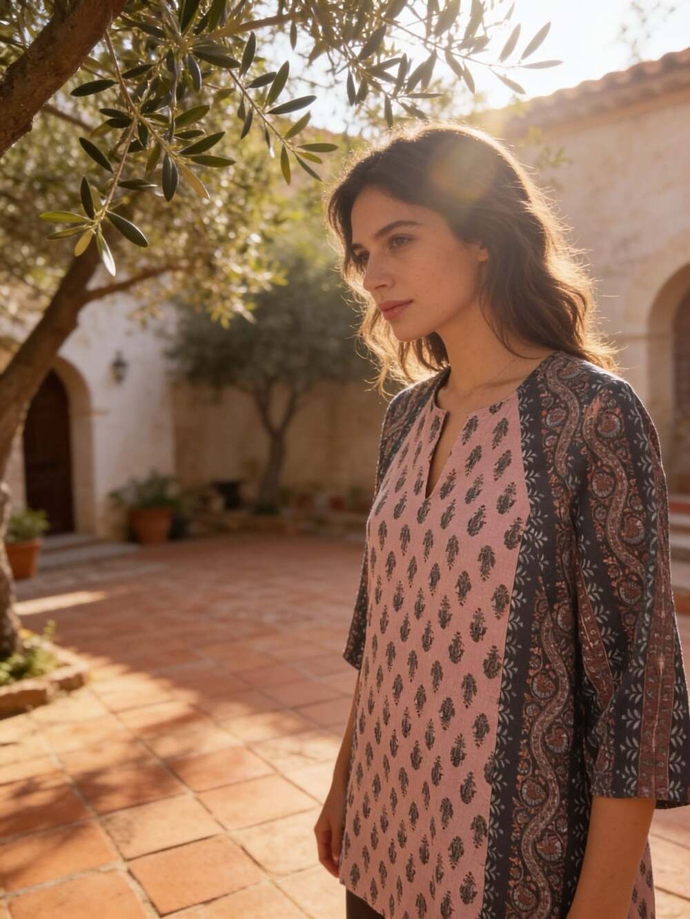 Pure Jill Folkloric Stamped Tunic Top Linen Blend Pink Paisley Petite Medium